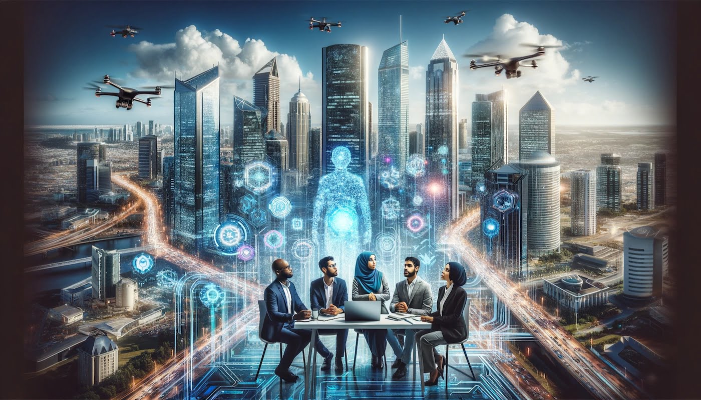Modern city skyline with AI and startup themes, featuring a Middle-Eastern woman, a Black man, a South Asian man, and a Hispanic woman collaborating over a holographic AI interface, with drones and digital connections in the sky, encapsulating the essence of star-up ideas in AI technology.
