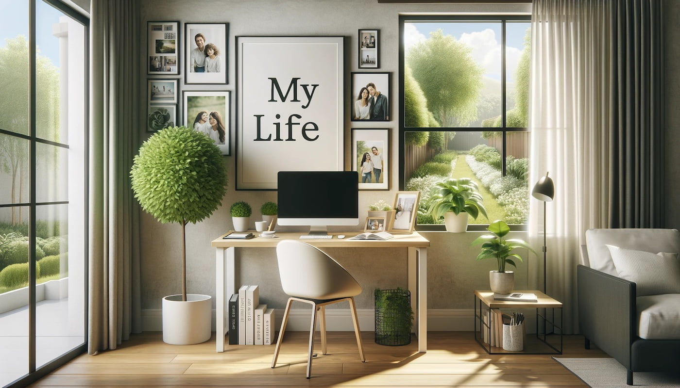 A well-organized home office blending personal and professional elements, epitomizing entrepreneur work-life balance.