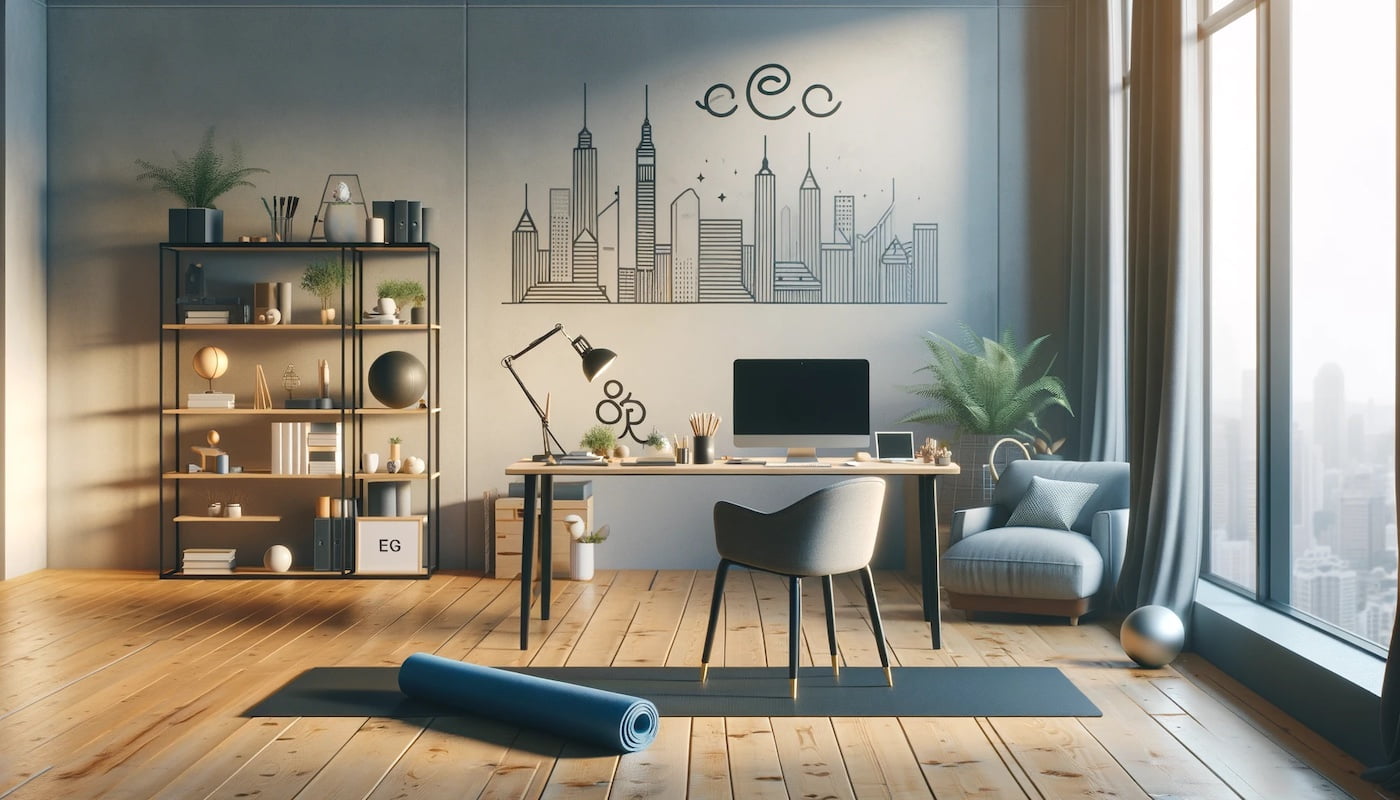 Office space designed for mental health and entrepreneurship with distinct working and relaxation areas.