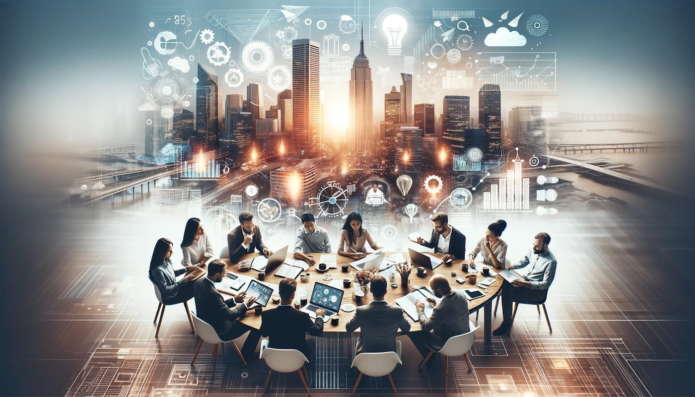 The image shows a diverse group of entrepreneurs engaged in a collaborative meeting, with digital devices and coffee cups on the table, set against a warm-toned city skyline background.