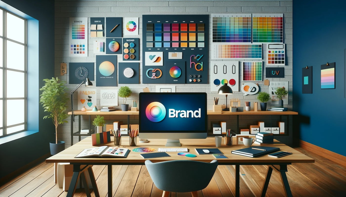 Branding Basics: A modern office setup showcasing the creative process of brand building with mood boards and logo sketches.