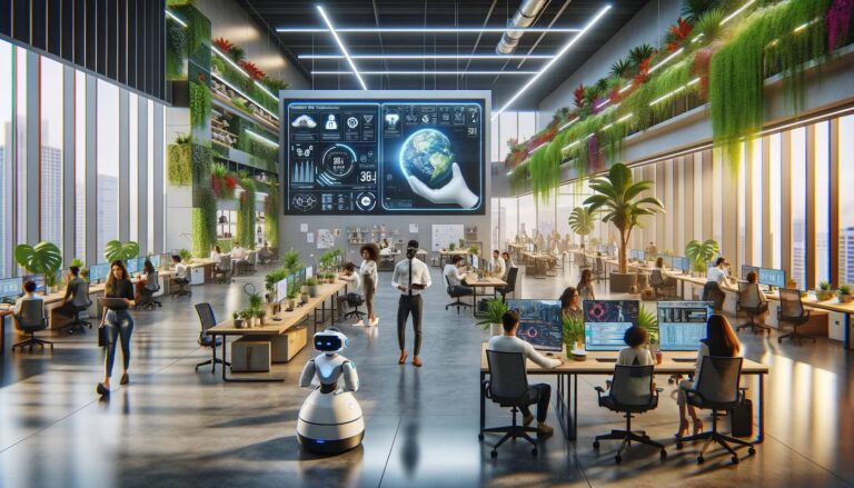nnovative workspace featuring a robot assistant, employees using virtual reality for collaboration, and a mix of standing and lounge work areas, symbolizing modern remote work culture