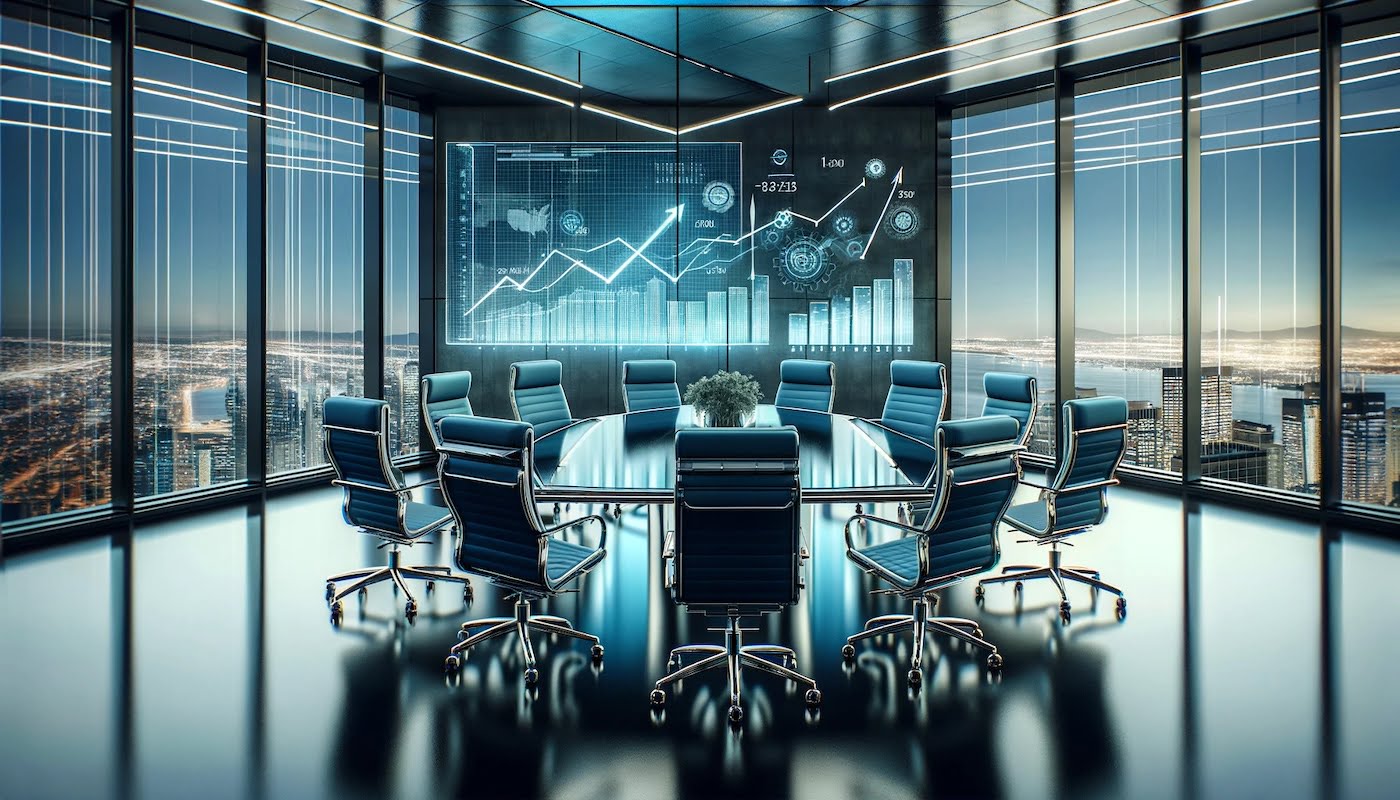 The image depicts a modern, professional boardroom with start-up funding options charts