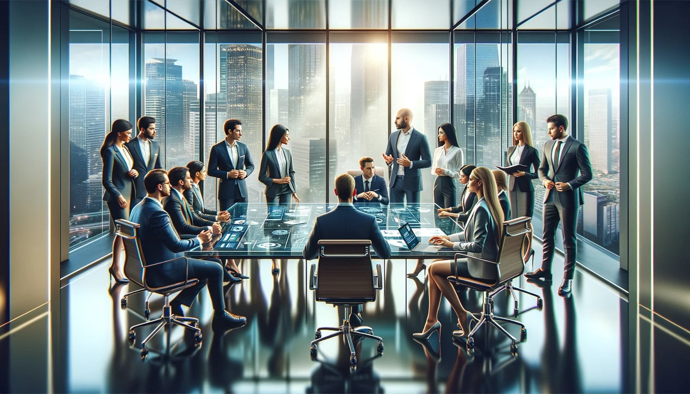 An energetic task force team of diverse professionals in a modern office, engaged in strategic planning around a table with high-tech devices and a cityscape view through large windows.