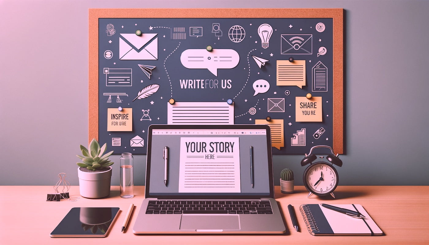 The image depicts a modern workspace with a laptop, notepad titled "Your Story Here," pen, and a background corkboard with inspirational words, all in a professional blue and green color scheme.